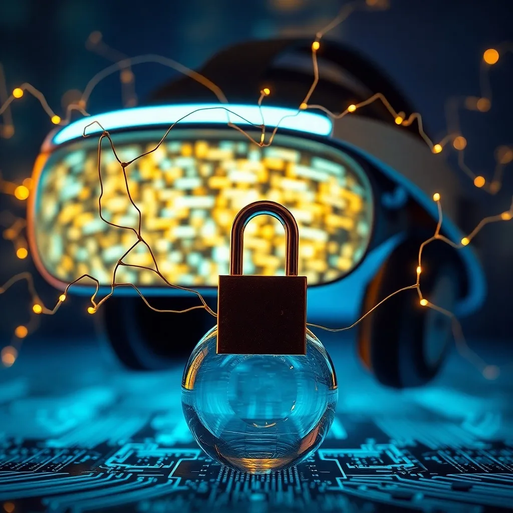 Pintura al óleo surrealista de un casco de RV sumergido en agua, reflejando columnas éticas rotas y un cielo digital, simbolizando la reflexión moral.