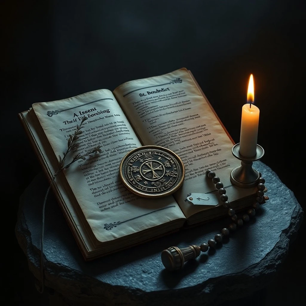Pintura al óleo de manos sacerdotales bendiciendo una medalla de San Benito sobre un libro ritual antiguo