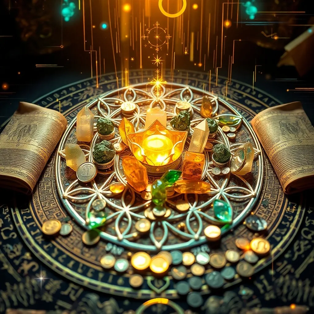Cinematic still life photography of a meticulously arranged crystal grid featuring citrine, green aventurine, and pyrite on a polished wooden table, with a soft focus background and subtle reflections, captured in an elegant composition.