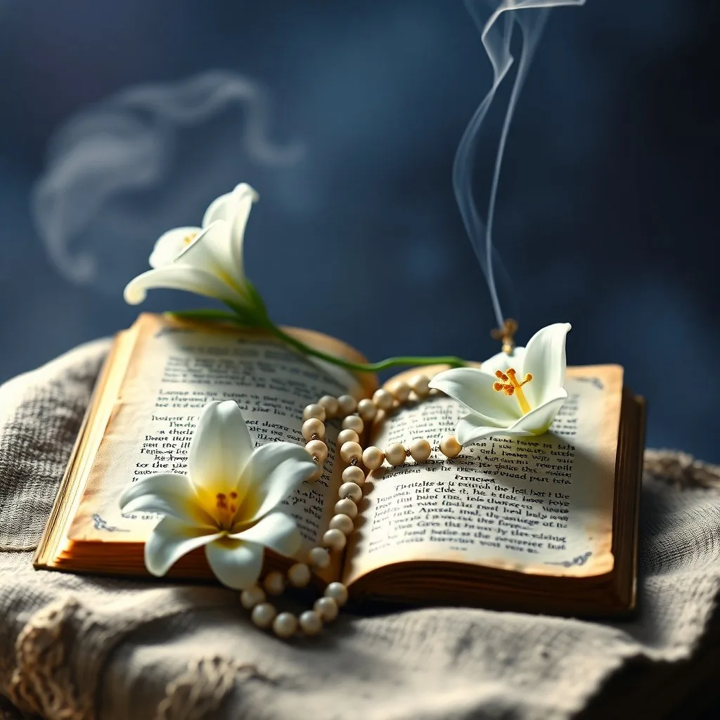 Rosarios antiguos y un pergamino de oración sobre terciopelo, simbolizando la devoción y la tradición de la oración.