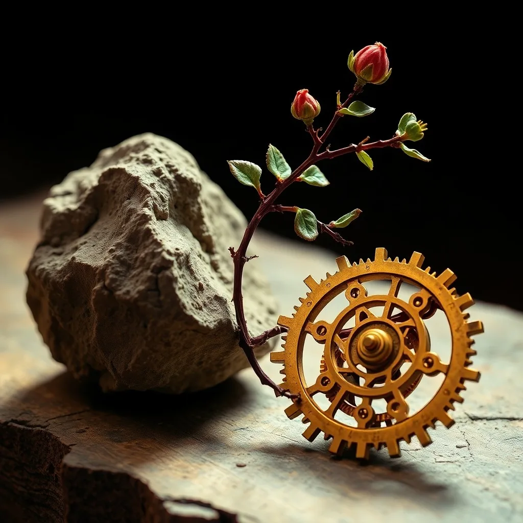 Cinematic still life of a vintage balance scale with a crystal sphere and a rough stone, slightly off-kilter, symbolizing the constant adjustment required by astrological inconjuncts.