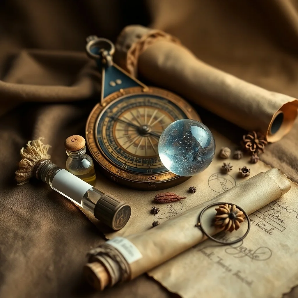Libro médico antiguo con hierbas y bola de cristal, simbolizando la sabiduría ancestral en la sanación
