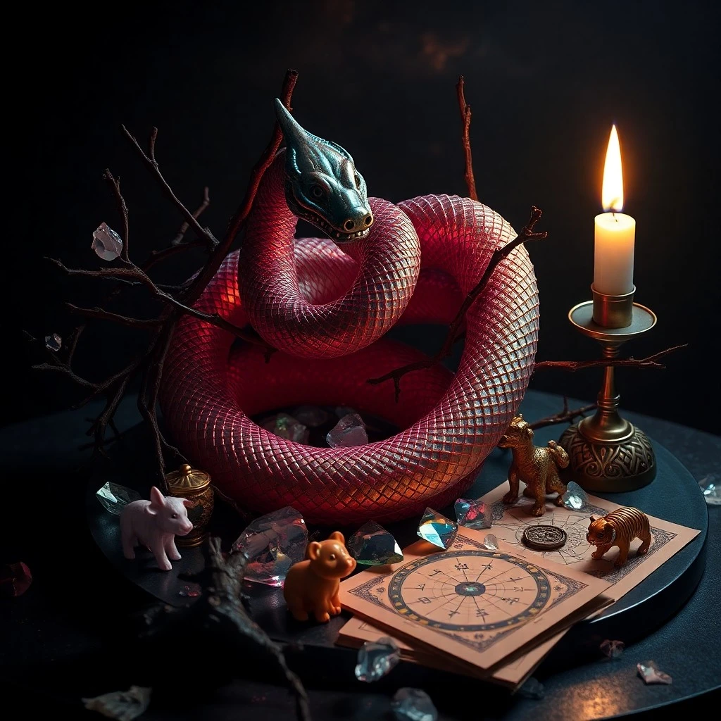 A weathered compass pointing in multiple directions, tangled silk ribbons, and an unlit candle on a polished wooden surface, rendered as a cinematic still life, symbolizing intricate challenges.