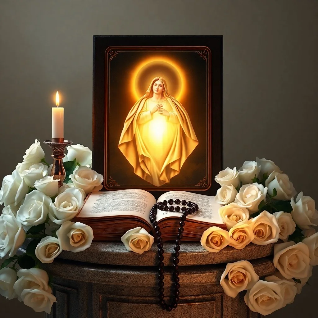 Rosario antiguo sobre libro de oraciones, con escapulario y lirio, iluminado por luz de vidriera.