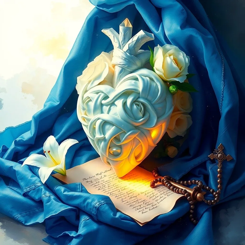 Pintura al óleo abstracta de un santuario espiritual con azules, púrpuras y blancos que convergen en una luz dorada.