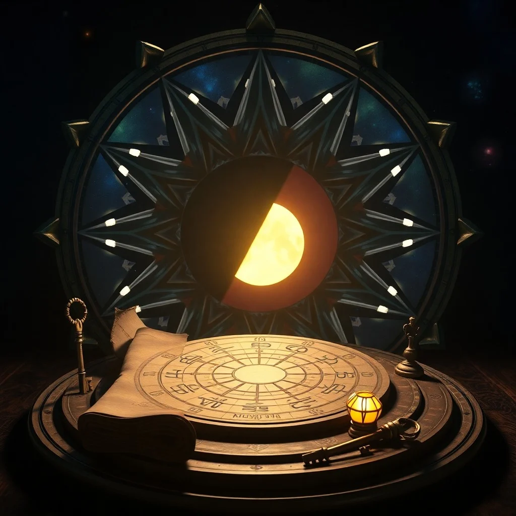 Obra de arte conceptual de un orbe de cristal brillante que refleja una galaxia, sobre un altar de piedra en un bosque místico