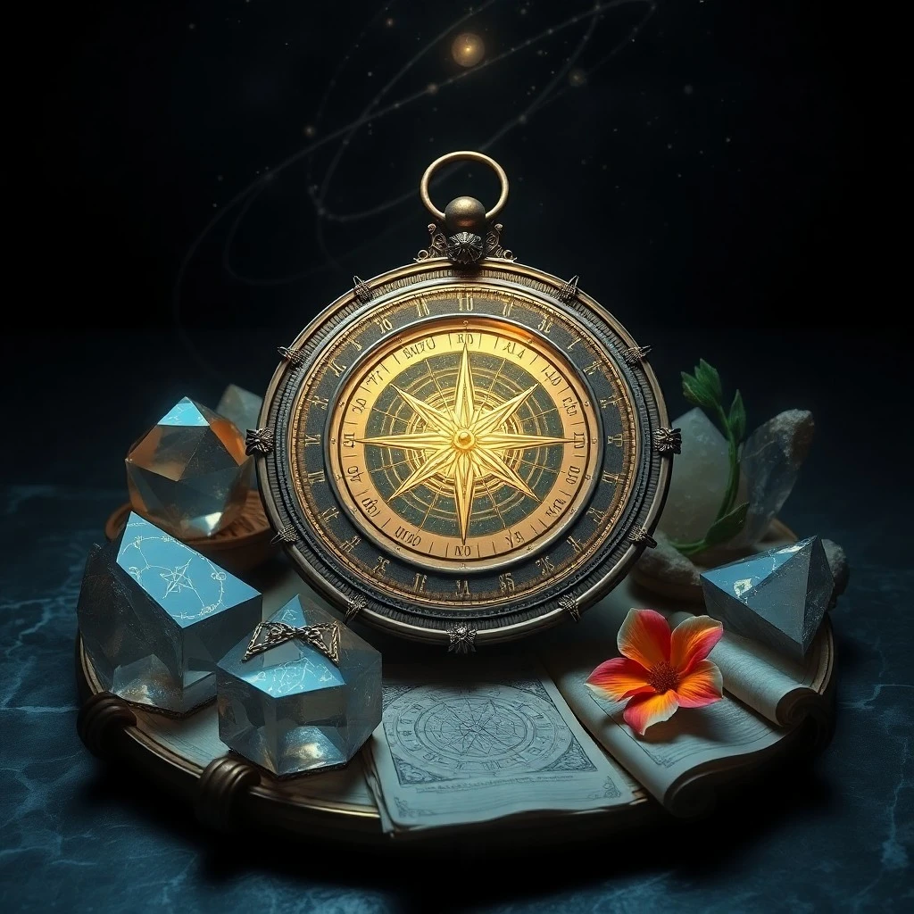 A vintage brass astrolabe resting on an antique wooden desk, surrounded by old parchment scrolls and a magnifying glass.