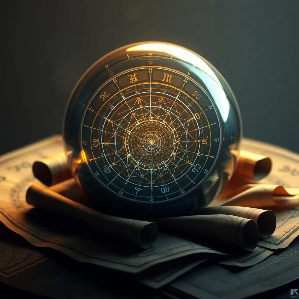 Cinematic still life of an antique brass astrolabe on velvet, surrounded by aged parchment scrolls with celestial diagrams and a flickering candle, evoking ancient astrological study.