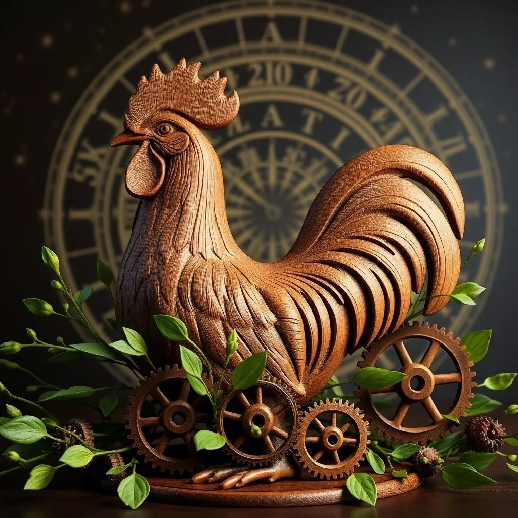 Bodegón cinematográfico con pergaminos chinos y una figura de gallo de madera