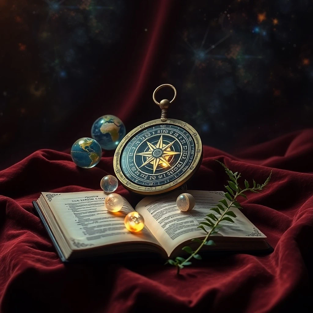 Carta astrológica antigua sobre un escritorio de madera a la luz de la luna, con gemas y un diario.