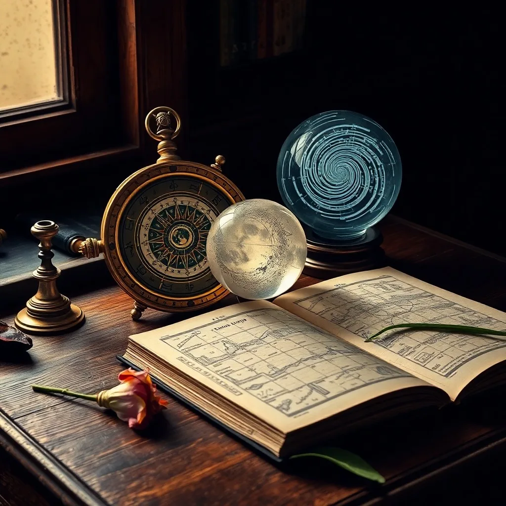 Cinematic still life of an antique brass astrolabe resting on a leather-bound celestial atlas, illuminated by a single beam of moonlight filtering through a dusty window. Scattered around are faded parchment scrolls and a quill pen, evoking the study of ancient transits.