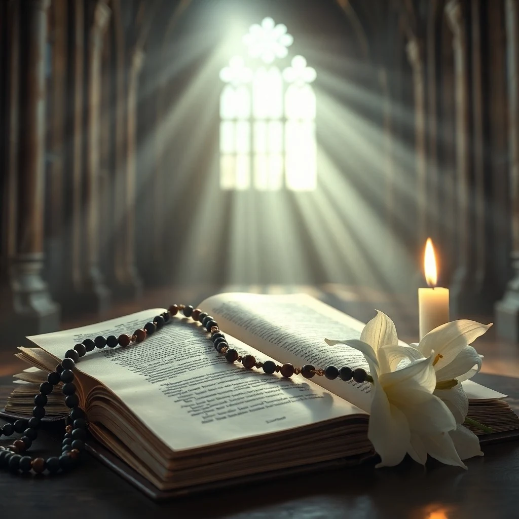 Rosario antiguo y libro de oraciones sobre una mesa de madera, simbolizando la devoción y el recuerdo de los seres queridos.