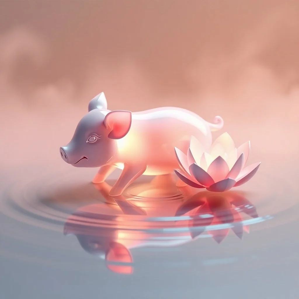 Arte conceptual abstracto de una flor de loto brillante hecha de luz y agua, flotando sobre un estanque brumoso, con orbes luminosos y patrones energéticos, en tonos índigo y violeta, simbolizando conexión espiritual.