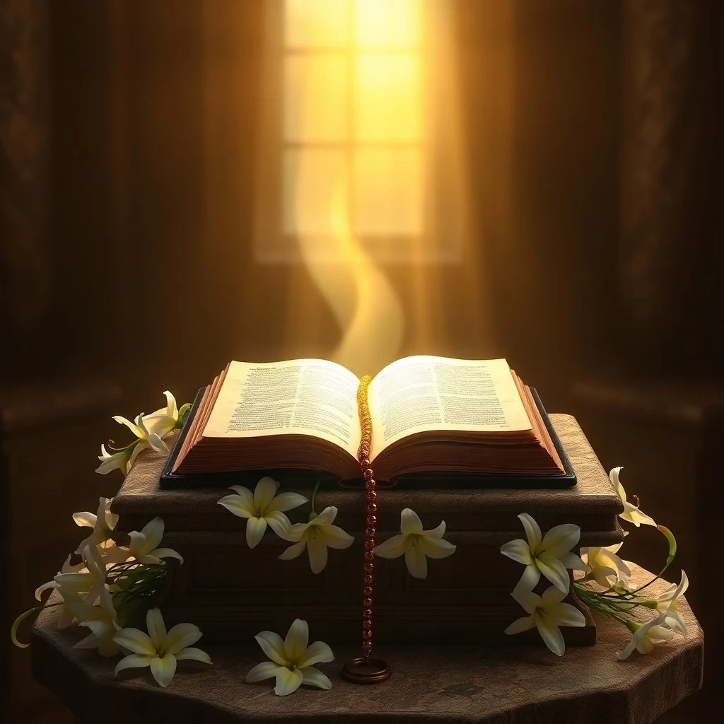 Libro de oraciones antiguo en un altar con velas y rosario