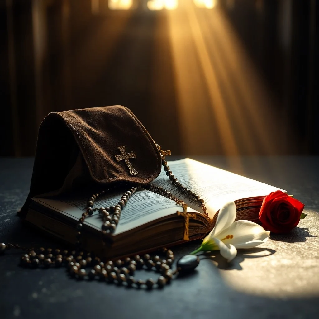 Libro de oraciones antiguo con una azucena, luz suave de vitral