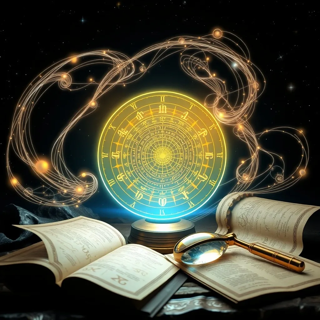 Una fotografía cinemática de un escritorio antiguo de madera con un libro de astrología abierto, una lupa sobre una carta natal manuscrita y una pluma.