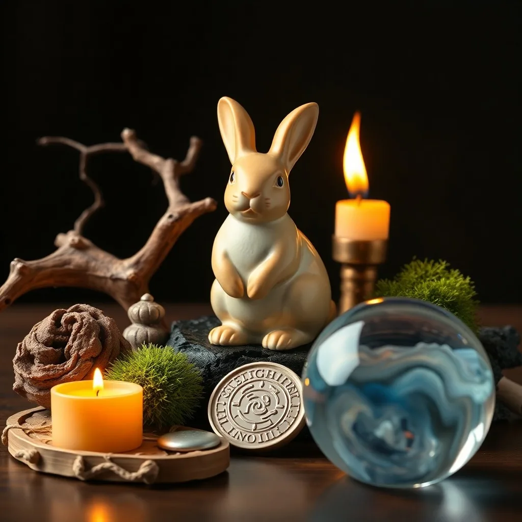 A vintage Chinese almanac open to zodiac symbols, with a delicate jade rabbit figurine and aged parchment scrolls, all softly lit on a dark wood table.