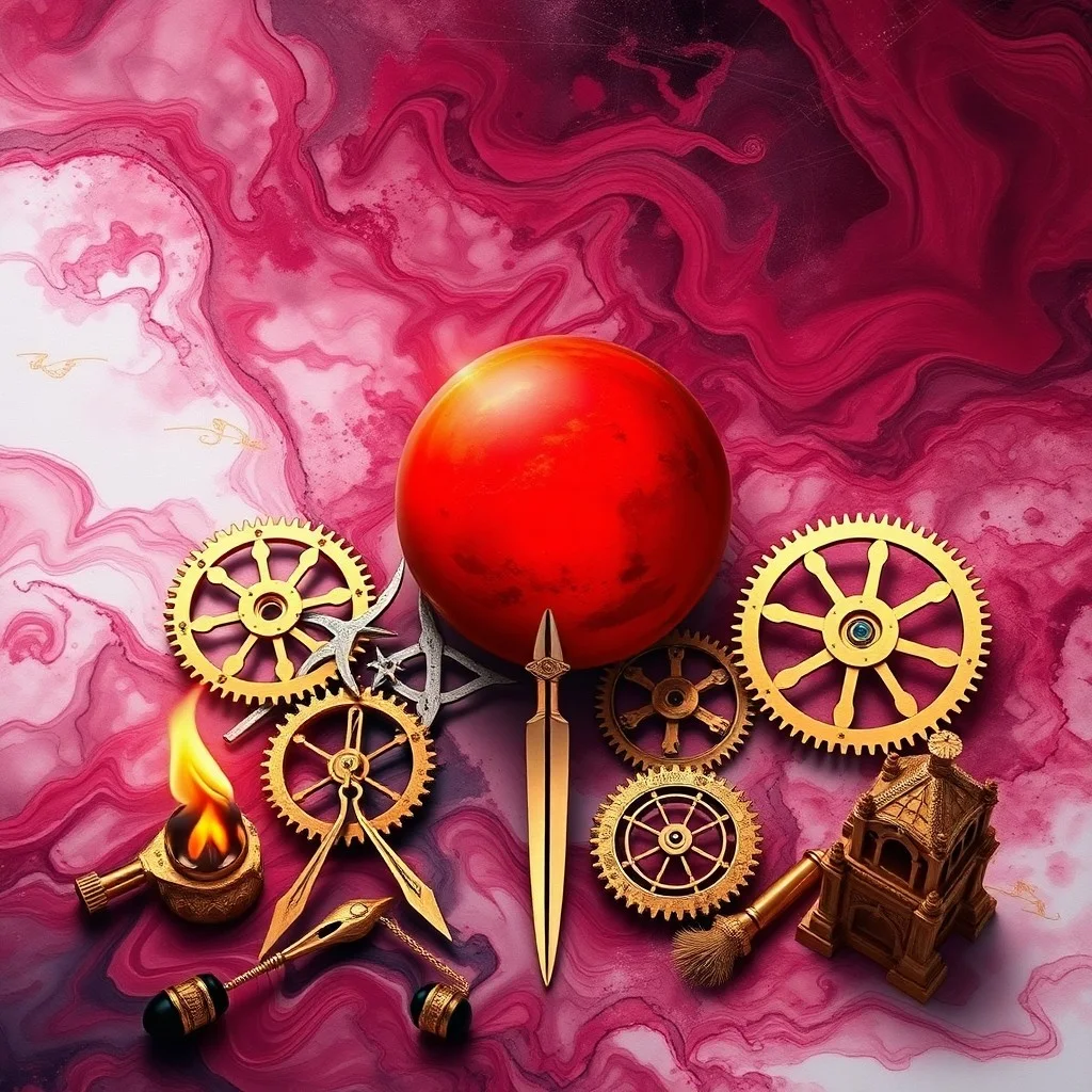 Cinematic Still Life: A meticulously arranged desk scene featuring a vintage compass pointing resolutely north, a half-written journal with bold, determined strokes, and a single, strong espresso cup, all bathed in the sharp, directional light of dawn, symbolizing focused drive and daily ambition.
