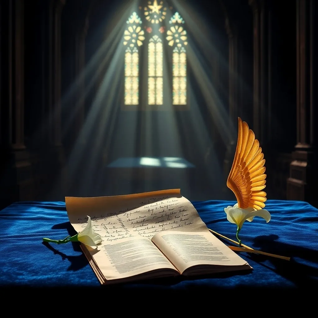 Pintura acuarela de un laúd antiguo y delicado, parcialmente cubierto por un pergamino con notas musicales, con un fondo de patrones de vidrieras, evocando armonía celestial.