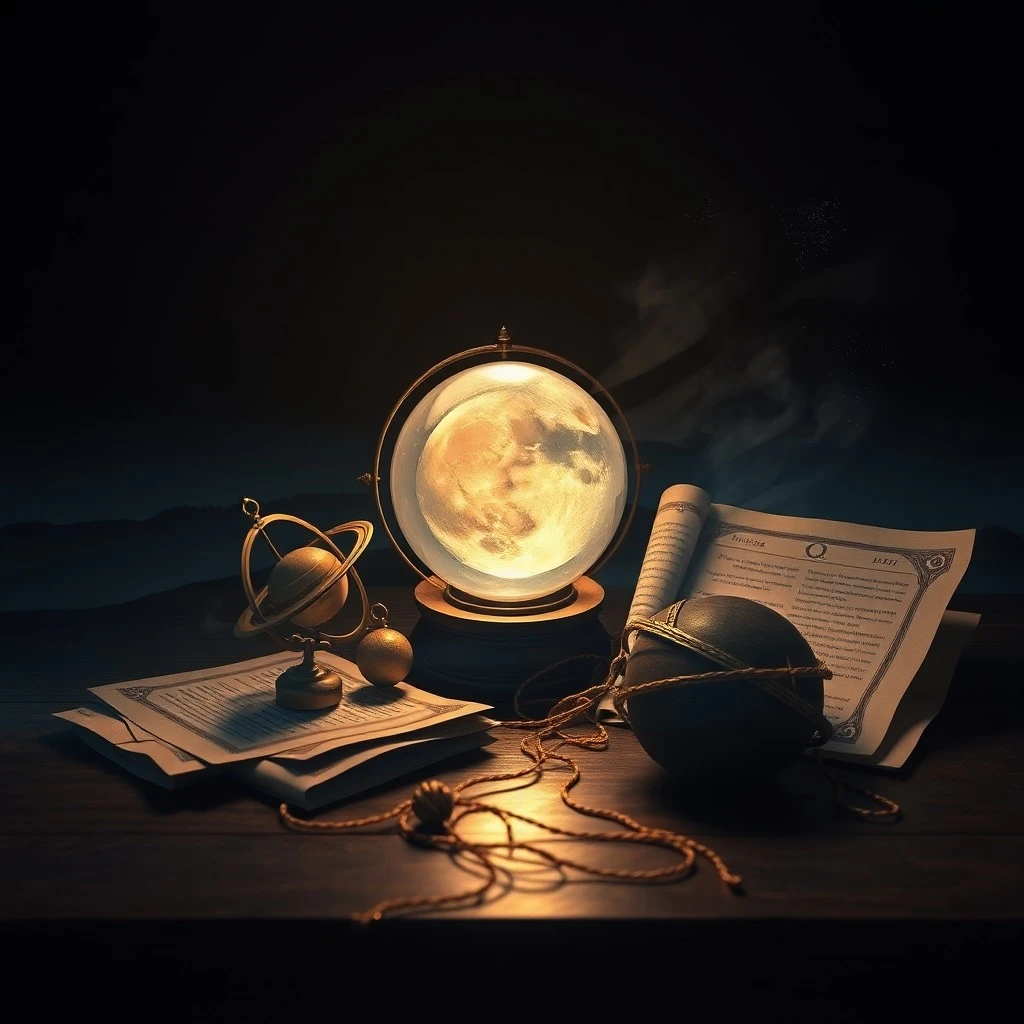 Renderizado 3D de un reloj cósmico con los símbolos de los Navagrahas, representando el flujo del tiempo y los ciclos planetarios.