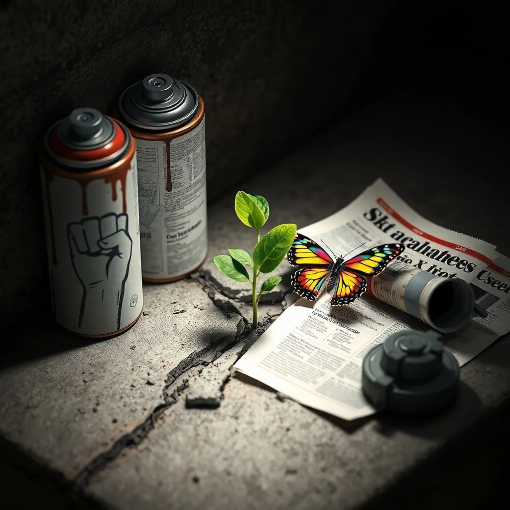 Fotografía de bodegón de latas de spray y plantillas sobre hormigón, con un folleto de protesta arrugado y salpicaduras de pintura.