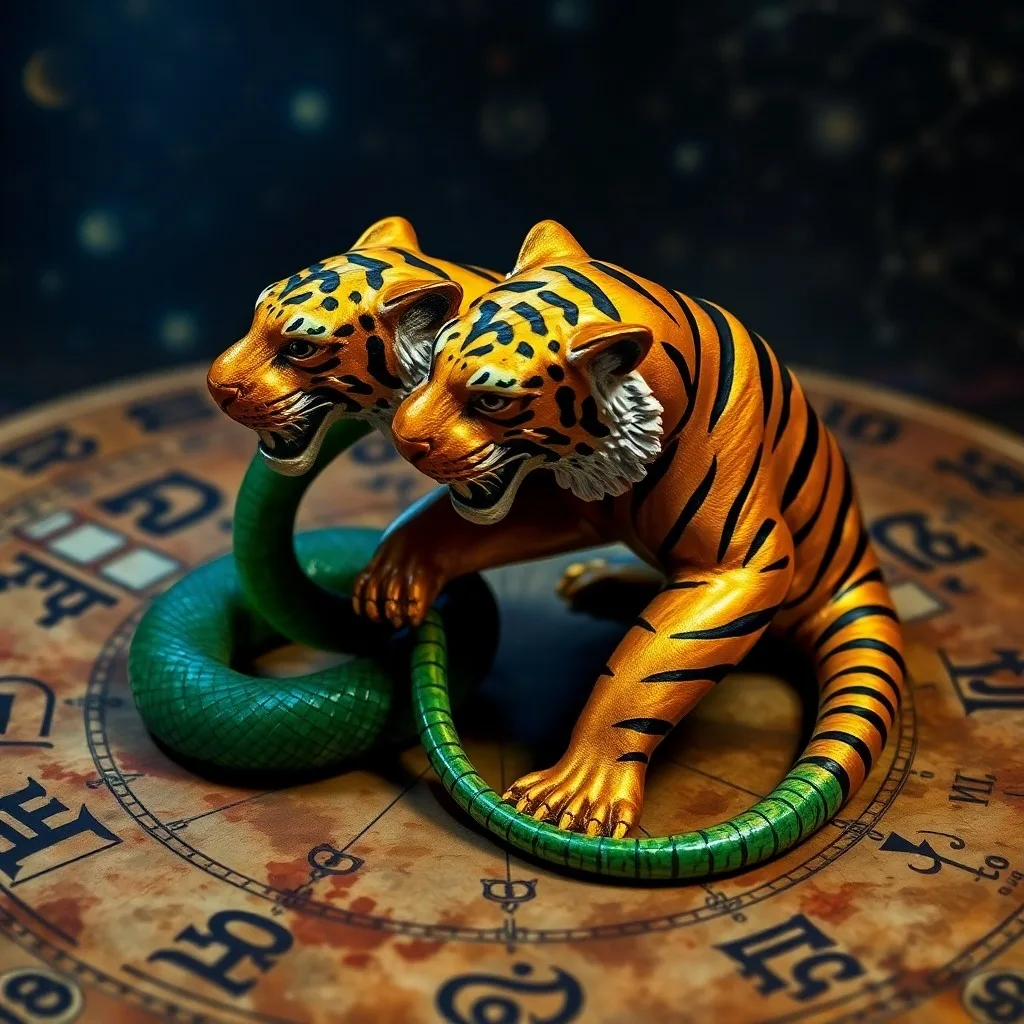 Bodegón cinematográfico con un pergamino chino antiguo y una figura de tigre de jade, simbolizando la sabiduría y la tensión en las relaciones kármicas.