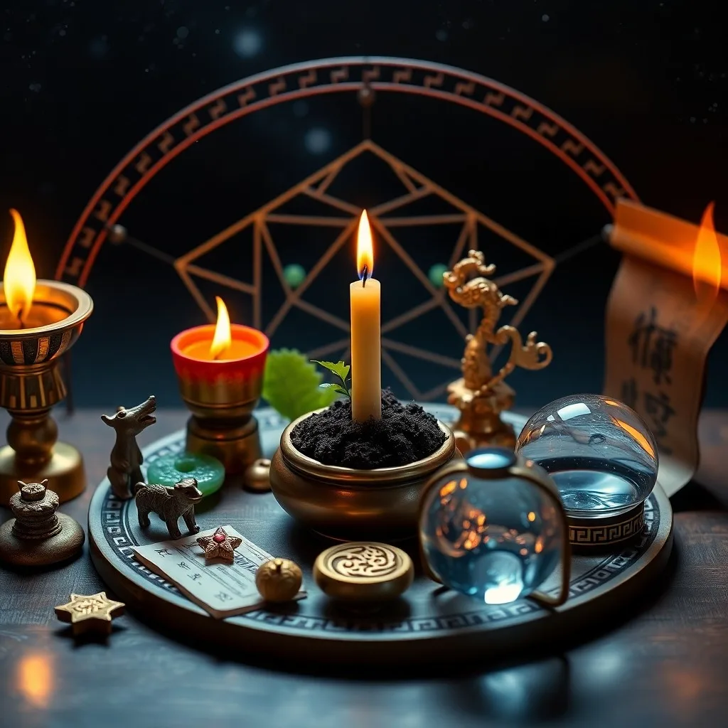 An antique abacus on a silk scroll, with a metal coin and ceramic bowl of water, symbolizing elemental principles.