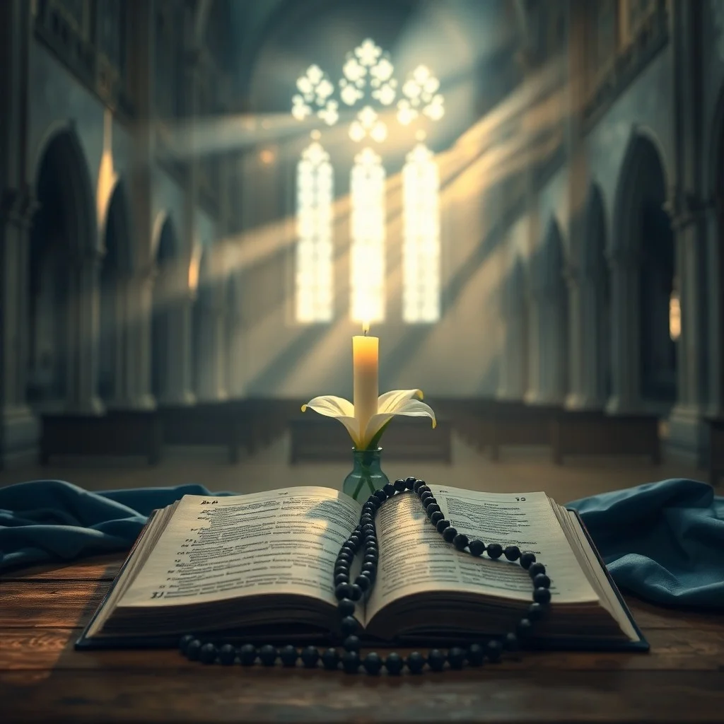Un libro antiguo abierto con una pluma delicada sobre sus páginas, iluminado por un rayo de luz dorada que atraviesa un vitral, evocando un ambiente de reflexión y estudio espiritual.