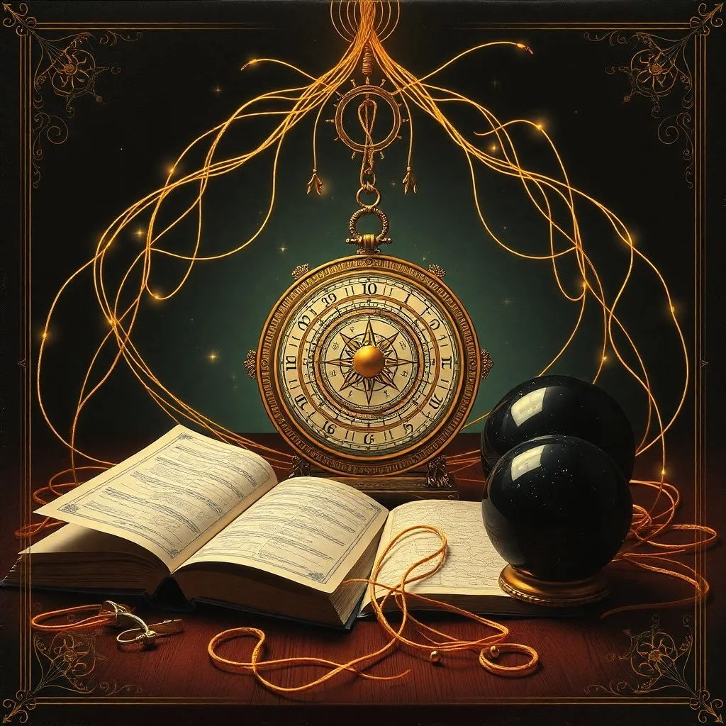 Surrealist painting depicting a translucent thread connecting distant galaxies, symbolizing the intricate and fated web of cosmic connections.