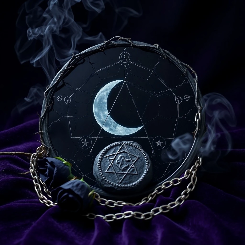 Still life photography of an ancient silver key on a velvet cushion, symbolizing hidden secrets.