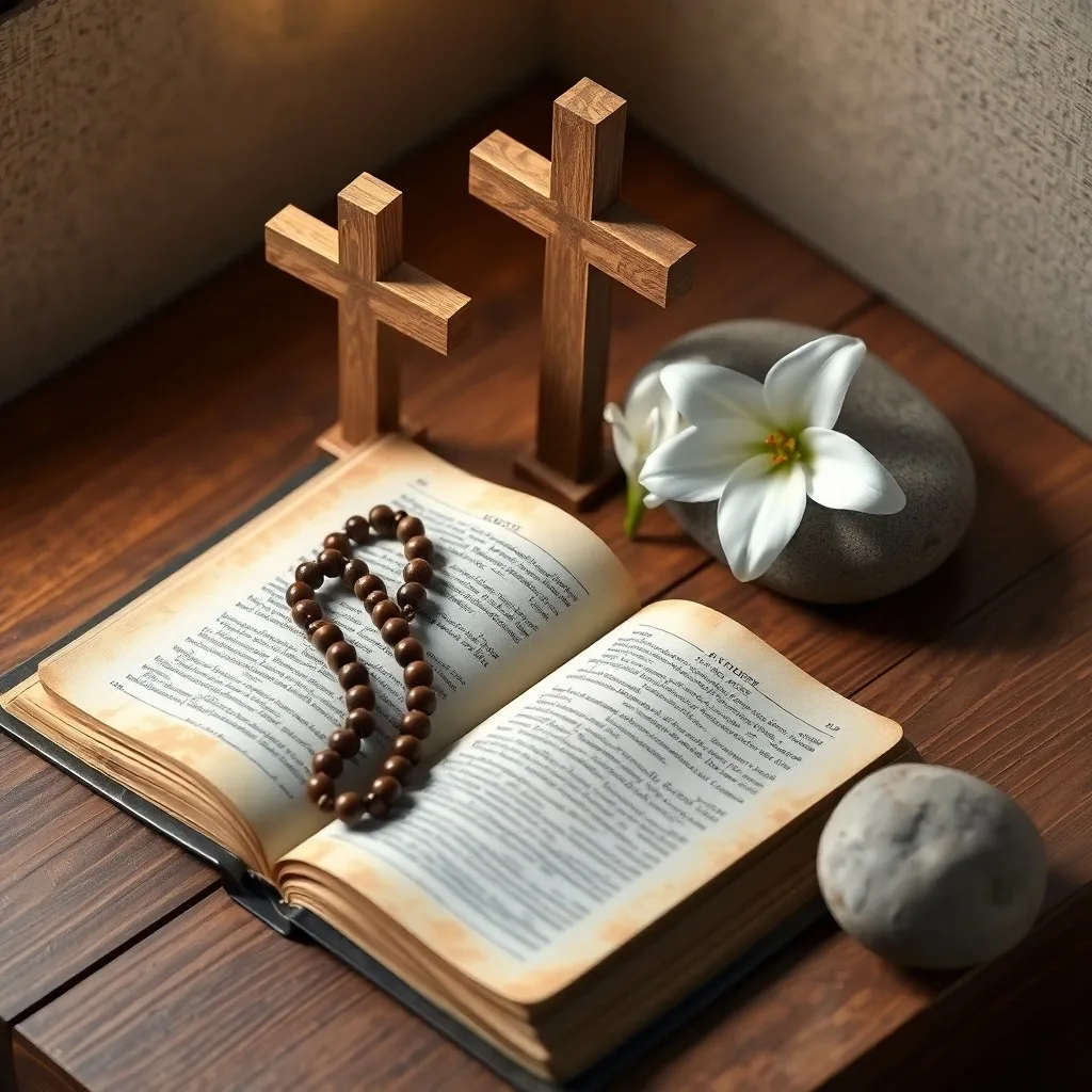 Una pintura acuarela de un libro abierto sobre un altar de piedra pulida, bañado por una luz etérea que se filtra a través de vidrieras, con un lirio blanco delicado al lado, evocando tranquilidad y esperanza espiritual.