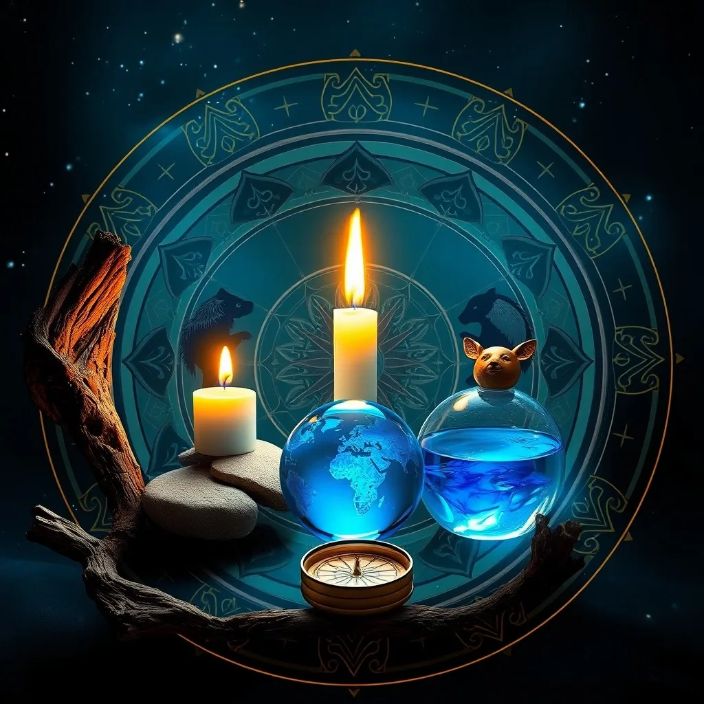 Cinematic still life of ancient Chinese divination tools: I Ching coin, elemental scroll, jade stone on dark surface, dramatic lighting.