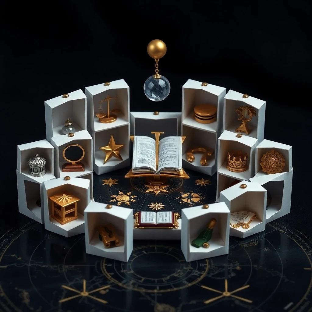 Cinematic still life photography, an antique brass astrolabe resting on a velvet cloth, surrounded by scattered parchment scrolls with astrological glyphs, soft dramatic lighting from a hidden source, deep shadows, rich textures, macro shot, no human figures.