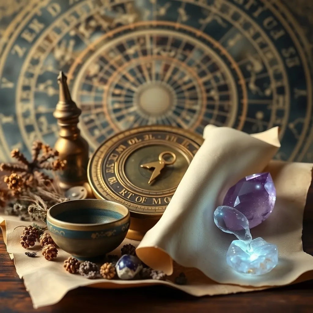 Bolsa de médico antigua con pergaminos astrológicos y un cristal de amatista brillante.