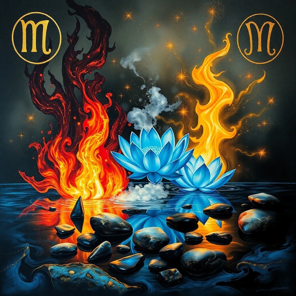 Abstract painting depicting two stylized dragons, one fiery red and one watery blue, coiling around a central, glowing pearl, symbolizing balance and integration, rendered with fluid brushstrokes and vibrant colors in a conceptual art style, with no human figures.
