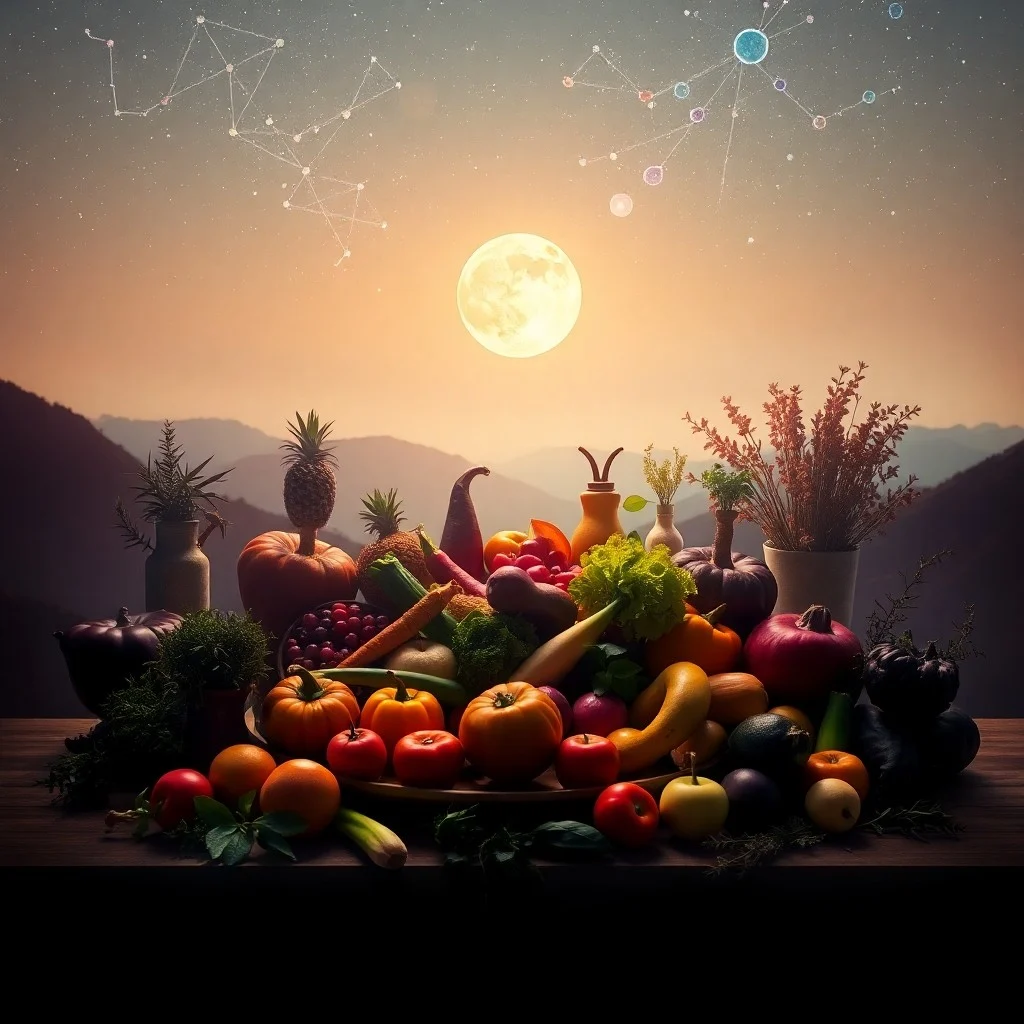 Cinematic still life of astrological tools and fresh produce on a dark wooden table.
