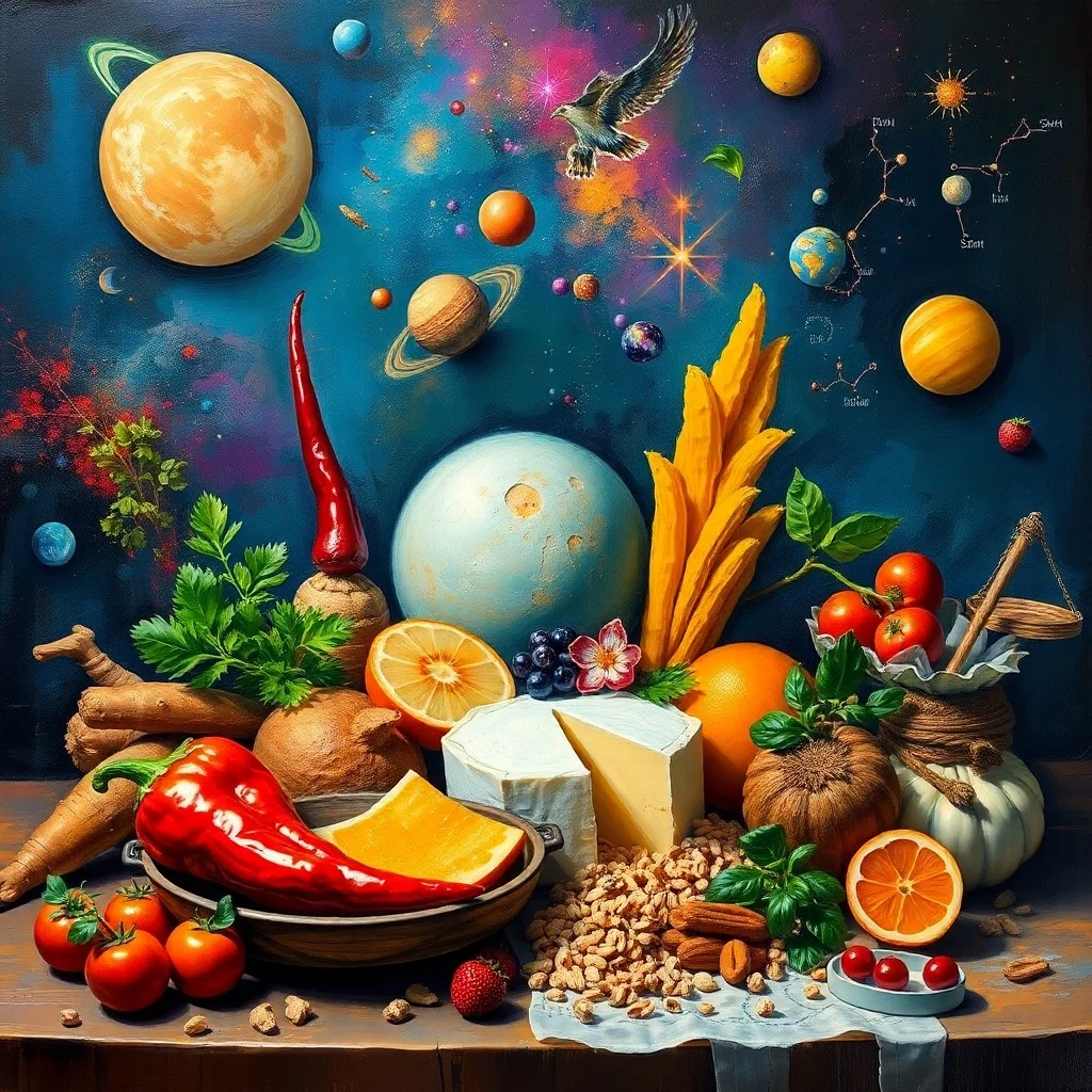 Abstract conceptual art of swirling food pigments blending into a cosmic nebula.