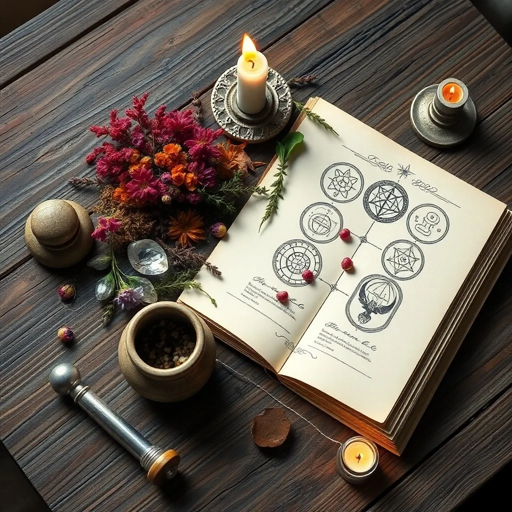 Cinematic still life of an antique wooden table with dried herbs in jars, a celestial map, and a quill pen, highlighting the tools for spell crafting.