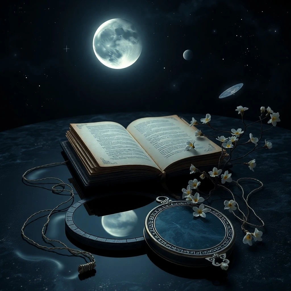 Stylized open book with glowing pages showing abstract symbols of emotions and dreams, on a velvet cushion in a dimly lit room.