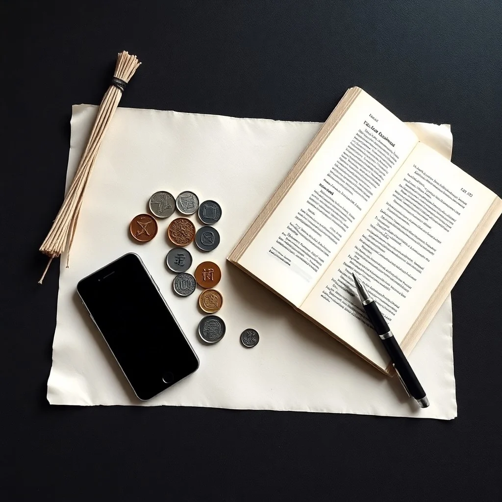Three ancient Chinese coins and dried yarrow stalks arranged on a dark stone surface, illuminated by a single light beam, symbolizing divination tools.