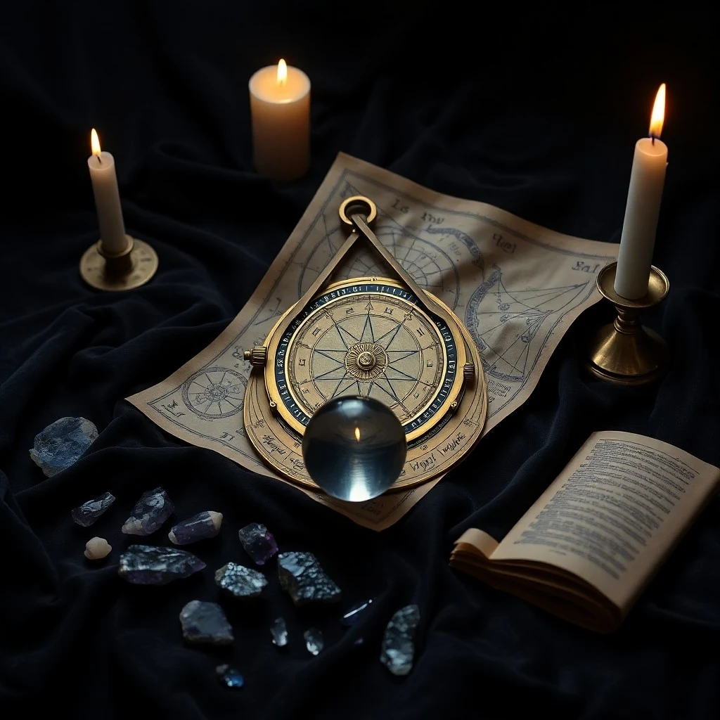An antique brass telescope resting on old astrology books, illuminated by moonlight, symbolizing the study of celestial influences.