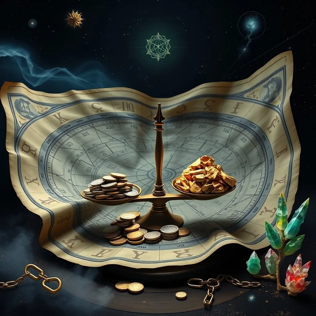 Cinematic still life featuring ancient scrolls and a weathered brass compass on an antique wooden desk, with scattered gold dust and a few tarnished copper coins, illuminated by a soft, ethereal light from above.