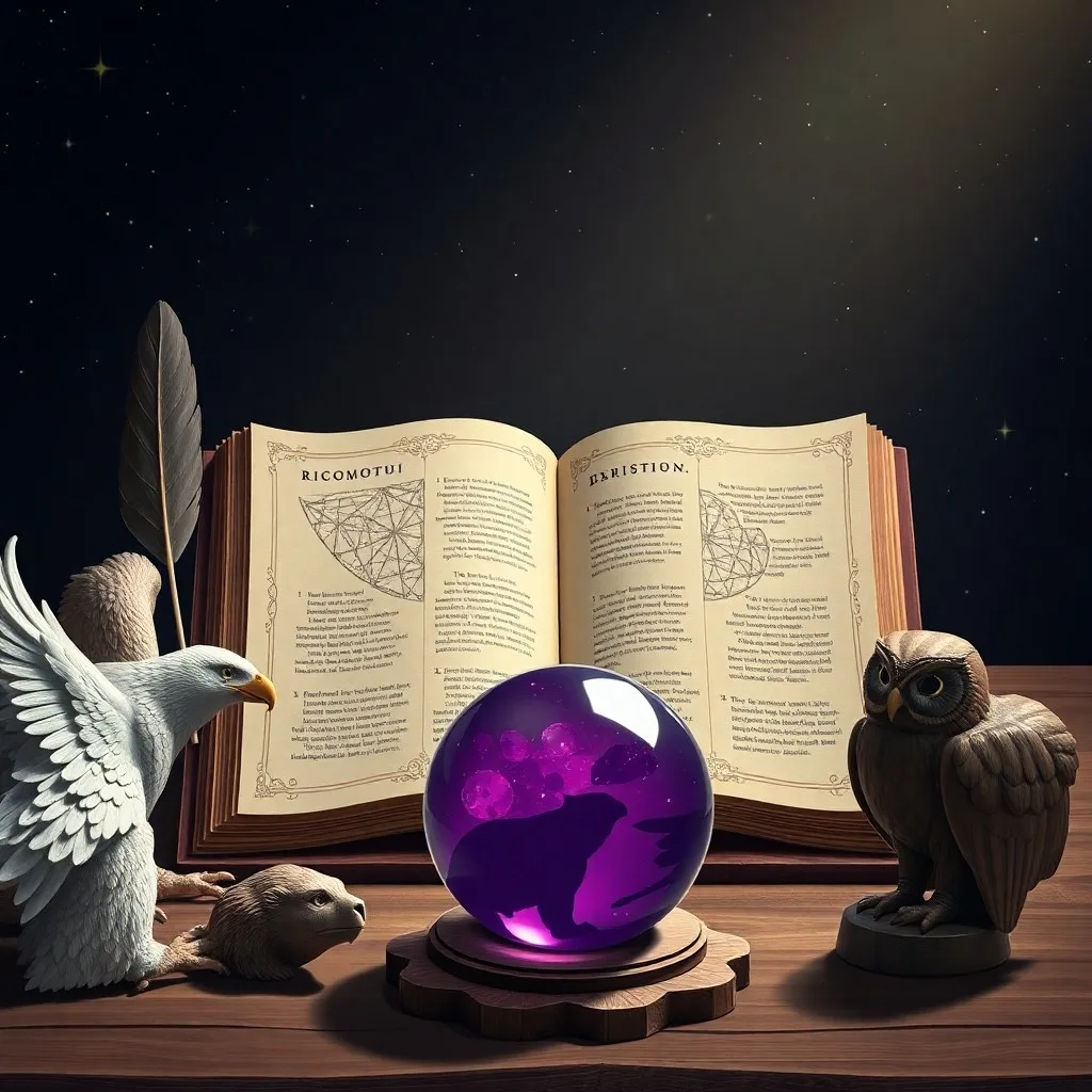 Watercolor painting of a vintage brass compass pointing towards a glowing tree of life, with translucent animal spirits emerging, symbolizing discovery and ancient knowledge.