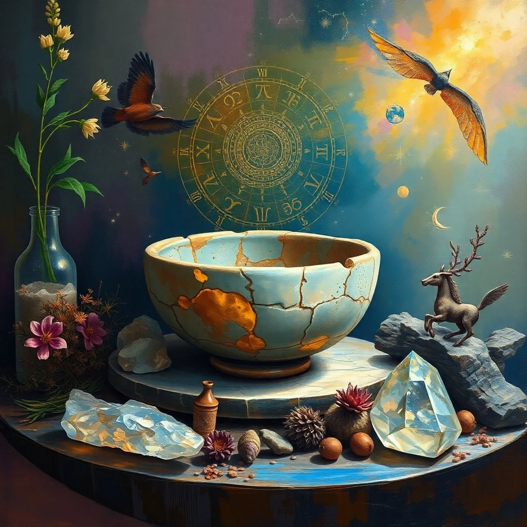 A delicate, ancient scroll, partially unrolled, resting on a weathered stone altar. On the scroll, intricate symbols resembling astrological glyphs and healing runes are faintly visible. A single, luminous drop of water glistens on one symbol, reflecting a tiny, vibrant plant sprout pushing through a crack in the stone. The lighting is soft and mystical, highlighting themes of fragility and enduring growth.
