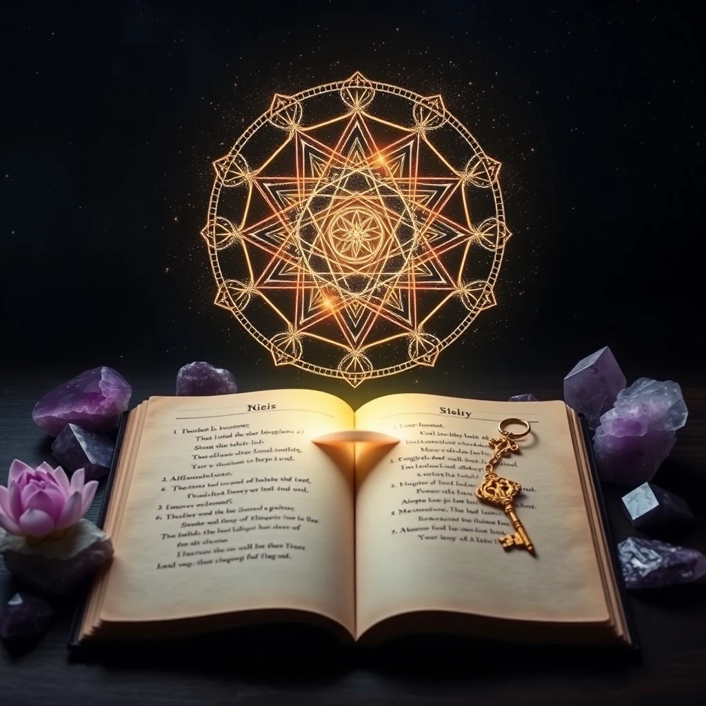 Cinematic still life of an ancient, weathered scroll unfurling on a polished wooden desk, illuminated by a single, soft beam of light. A quill pen rests beside it, and faint, glowing Sanskrit characters appear to rise from the parchment. Focus on texture and subtle magic.