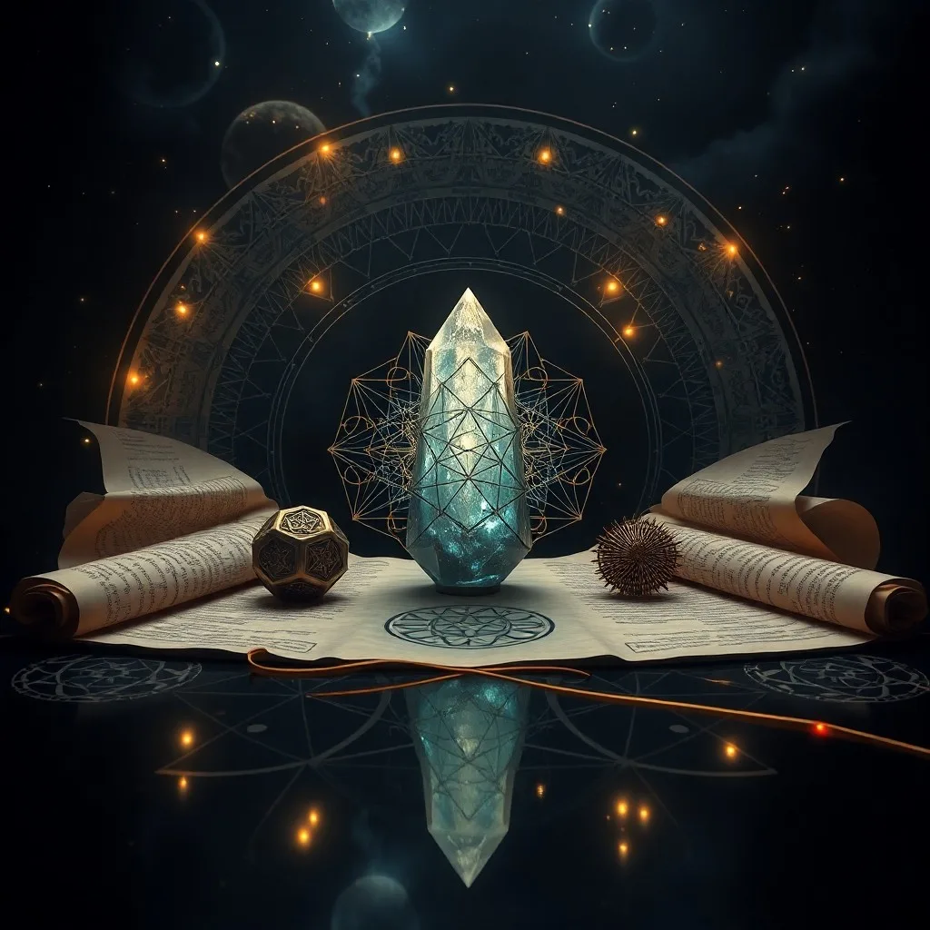 3D render of a serene, futuristic meditation chamber. Floating, translucent orbs of light represent focused intentions, gently pulsating around a central, glowing crystal. The environment is minimalist, clean, and evokes a sense of advanced spiritual technology.