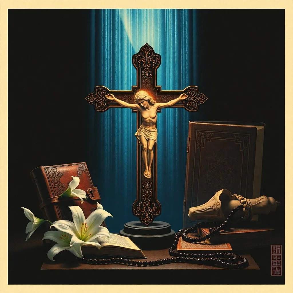 Pintura al óleo de un crucifijo antiguo sobre un altar con un libro de oraciones y una vela votiva