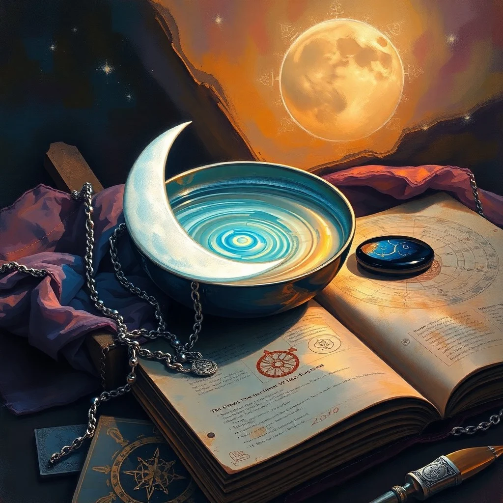 A cinematic still life photograph of a worn leather journal with faded ink, resting on a plush velvet cushion, next to a steaming cup of chamomile tea and a silver locket, symbolizing inner reflection and comfort.