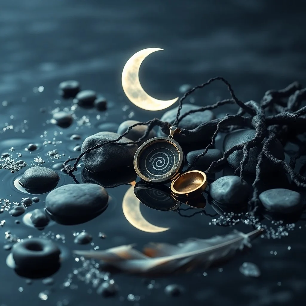 An antique engraving of a stylized crescent moon, surrounded by intricate celestial patterns. Below it, a flickering candle illuminates an ancient scroll and a polished stone, representing instinct and ancient wisdom.