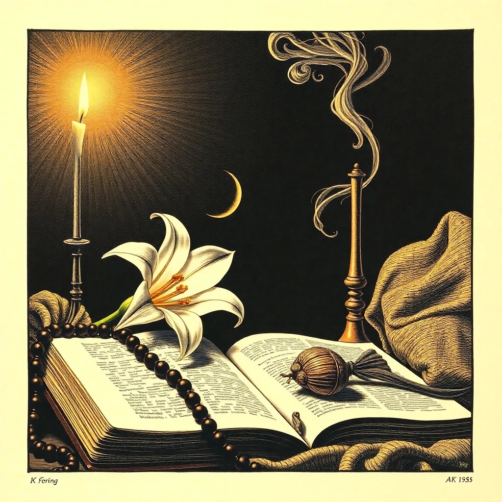 Manos de arcilla diversas, desgastadas, elevándose hacia una cruz luminosa, rodeadas de símbolos espirituales abstractos.